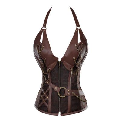 China Fashion Antibacterial Renaissance Lace Up Vintage Retro Bustier Leather Boned Women's Steel Boned Steampunk Goth Corset 14 for sale