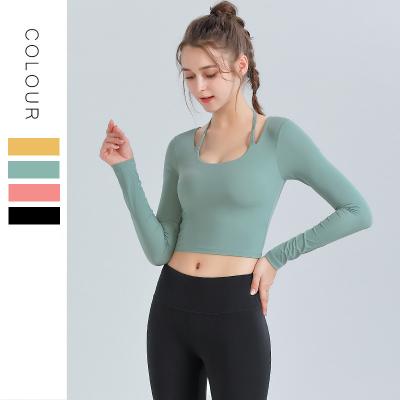 China Breathable Women Long Sleeve Crop Top Yoga T-Shirts Workout Seamless Shirts Activewear Stretch Sportswear With Special Neck Design Gym for sale