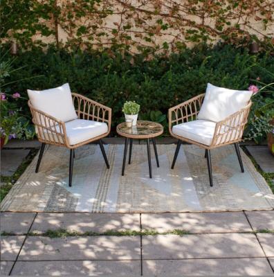 China Modern Outdoor Modern Garden Patio Wicker 3 Piece Table And Chair Dining Chair Set With Cushions for sale