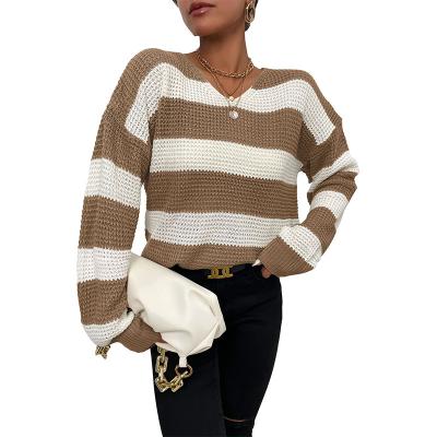 China 2021 Autumn/Winter Ladies Knitwear Fashion Breathable Loose Oversized Round Neck Striped Plus Size Women's Sweater for sale