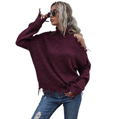 China 2022 Popular Women's Breathable Clothing Long Sleeve Ripped Loose Off Shoulder Length High Neck Knitted Women's Sweater for sale