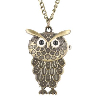 China New Style Pocket Watch Vintage Antique Jewelry Gold Silver Bronze Antique Owl Pendant Necklace Sweater Chain for sale