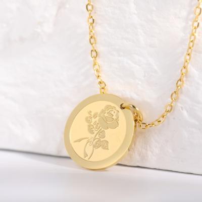 China Wholesale FASHIONABLE 18k Gold Plated Jewelry Birth Flower Rose Necklace Women Custom Coin Disc Circle Pendant Engraved Chain Necklace for sale