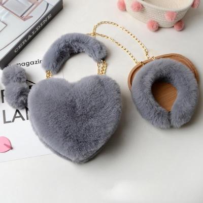 China Cheapest High Quality Ladies Faux Fur Heart Shape Bag and Headband Set High Quality Girls Fashion Solid Shoulder Bag Headband and Fur Purse for sale