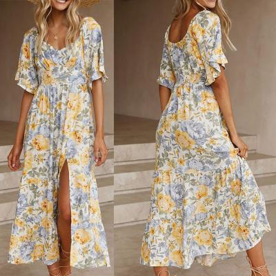 China Summer 2021 Anti-Static Floral Print Vestidos Maxi Sundress Elegant Casual Dresses Long With Slit for sale