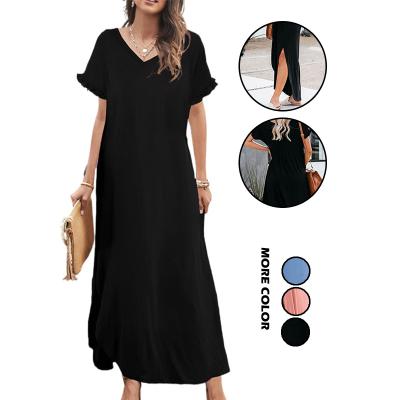 China Wholesale Casual Short Sleeve Anti-Static Loose Fit Maxi Dress Pocket Plain Tshirt Cut Dress for sale