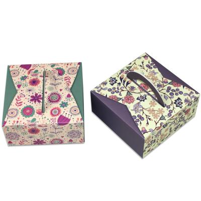 China Recycled Materials Food Grade Packaging Box Square Shape Floral Printing Cake Gift Box With Handle for sale