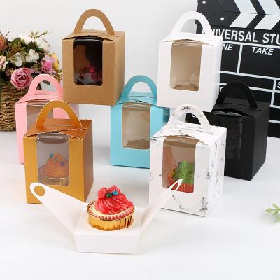 China Recycled Materials Multi Colors Transparent Window Paper Cup Cake Box Packaging With Handle for sale