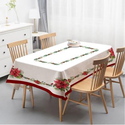 China Poinsettia Printed Rectangular Christmas Custom Tablecloth Waterproof With Polyester Base for sale