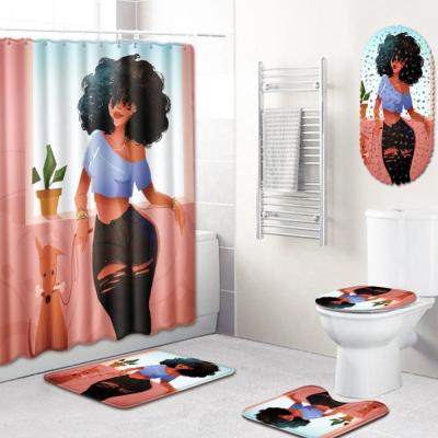 China Sustainable African Girl With A Dog Digital Printed Shower Curtain And Bath Blanket 4pc Set For Bathroom for sale