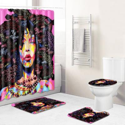 China Sustainable Africa Girl Words On Hair 3D Printed 4pc Bathroom Set Set Shower Curtain And Cover for sale