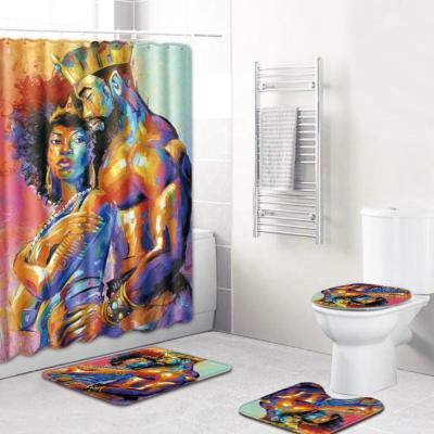 China Sustainable King and Queen of Africa 3D Printed Bathroom Set 4pc Set Shower Curtain and Cover for sale