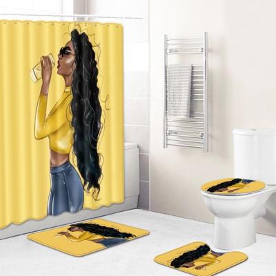 China Sustainable African Drinking Girl In Yellow 3D Printing Bathroom Shower Curtain Sets Rugs for sale