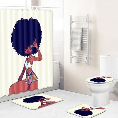 China Sustainable African Girl 3D Shower Curtain Digital Printing Bath Mat Set For Bathroom for sale