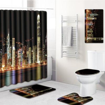 China City Views Sustainable Buildings 3D Printed Bathroom Mat Set With Shower Curtain for sale