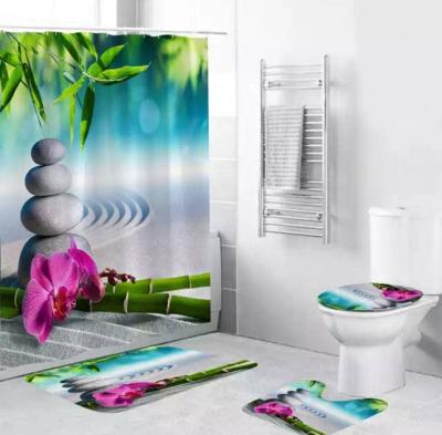 China Bamboo And Stone Water Viable 3D Printed Bathroom Shower Curtain And Bath Mat Set for sale