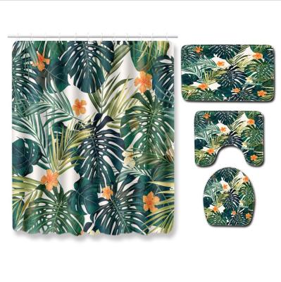 China Large Sustainable Green Plant Printed Shower Curtain With 4pc Bath Mat Set For Bathroom for sale