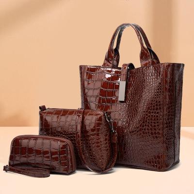 China 100% Eco-friendly Women Bags 3pcs Set Ladies Crocodile Pattern Shoulder Bag Faux Leather Handbag Large Bucket Bags Handbag for sale