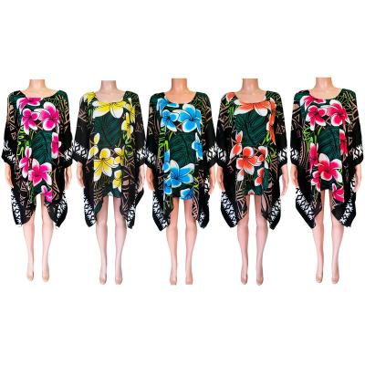 China NEW Design Anti-Static Printed Women Poncho Dress Big Plumeria Flower Casual Printed Summer Beach Dresses for sale