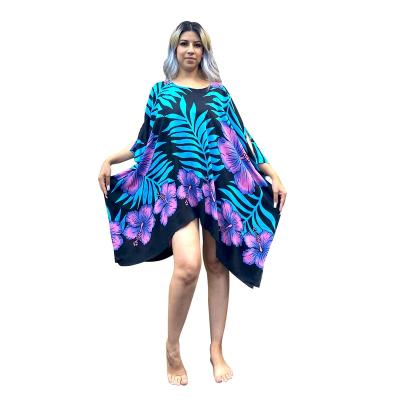 China New Fashion Breathable Poncho Dress Big Flower Printed Black Bottom Woman Casual Dress Beach Dress for sale