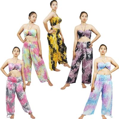 China Wholesale Anti-Wrinkle Popular Design Hippie Boho Tie Dye Casual Loose Harem Pants Women Two Pieces Set for sale