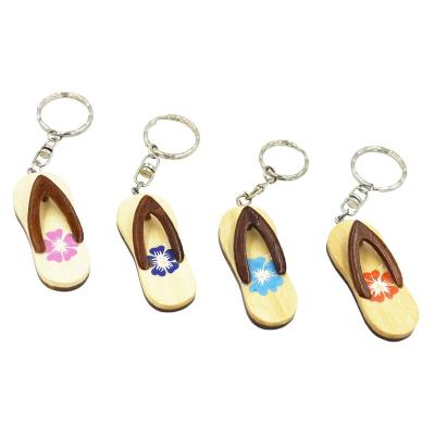 China Custom Hand Painted Key Chain Accessories Hawaiian Inspired Wood Sandal Logo Key Ring Promotional Gift for sale