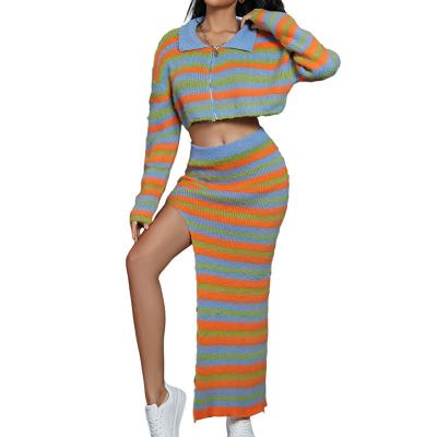 China New autumn women's other color sexy knitted slim split skirt M00012 contrast striped waist high long 2 piece set for sale