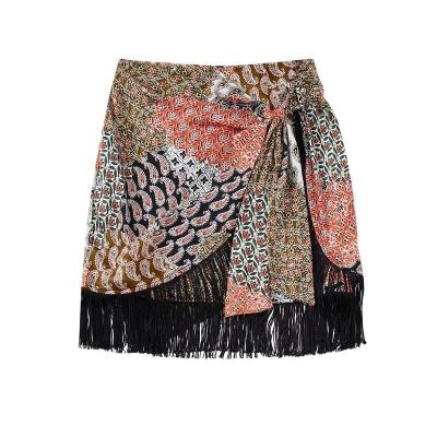 China Anti-Static Style Western Side Bow Tie Multi Color Printed Women Mini Skirt With Tassels Casual Short for sale