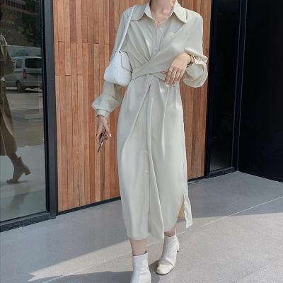 China French Lady Breathable Fashion Lapel Shirt Office Style DE0006 Dress New Bend Cross Straight Mid-Calf Dress Women's Solid Clothing for sale