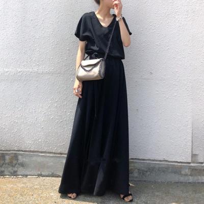 China Breathable Lady Elegant Ankle-length Dresses With Office Dress Black DE0011 V-Neckline Batwing Sleeve Adjustable-Waist Loose Sashes Long Dress Woman for sale