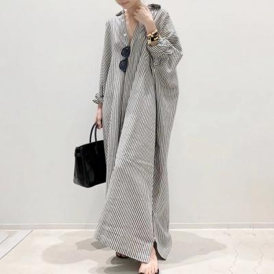 China DE0012 Women's Breathable Striped Oversized Dress Lady Batwing Wing Sleeve Turn-Down Collar Buttons Office Dress Vestidos Mujer Verano for sale