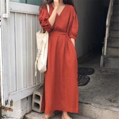 China DE0042 V-neck breathable elegant temperament dresses women's summer lantern sheath new solid loose Mid-calf dress for sale