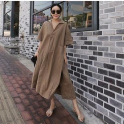 China Breathable Minimalist Oversized Midi Dress 2021 New Women's Casual Lapel Half Sheath Solid Color Loose Fit Pockets Mid-Calf Dresses for sale