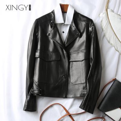 China 5035 Turn-Down Waterproof Straight Collar PU Leather Jacket With Pockets Women's Casual Black Winter Outerwear jaqueta feminina loose for sale