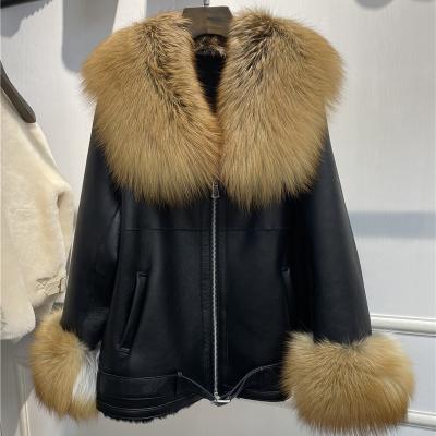 China HH22 Winter 2021 News Genuine Fox Fur Coats Genuine Luxury Zipper Sheepskin Windproof Jackets Women Real Streetwear for sale