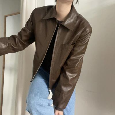 China DS012 Autumn New Design Lapel Women Waterproof Leather Jackets Zipper Long Sleeve Coats 2021 for sale