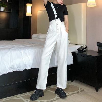 China 2022 Fashionable Button High Waist Anti-wrinkle SQ42 Pants Women Black White Bib Jumpsuits Straight Leg Trousers for sale