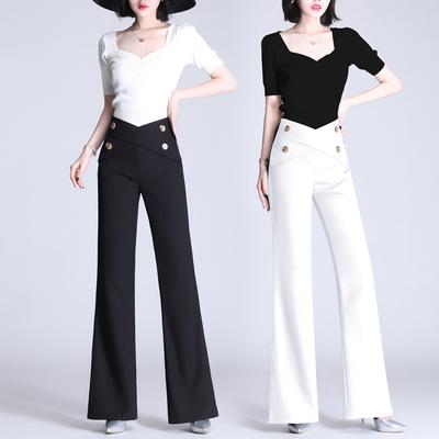 China SQ33 Anti-wrinkle office lady high waist pants female black white wide leg plus size pants with button for sale