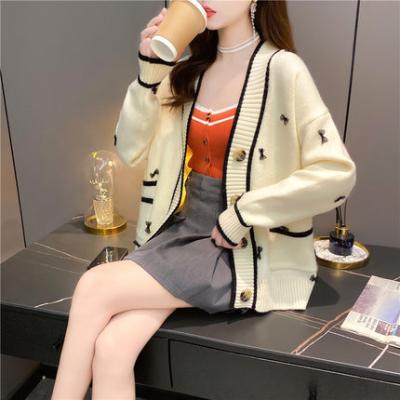 China S1335 Autumn Women Anti-wrinkle V-neck sweater cardigan with bow outside style retro knitted jacket soft lazy for sale