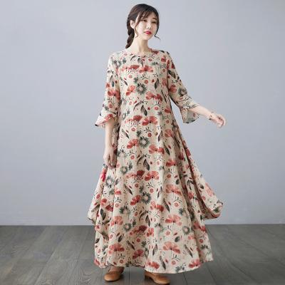 China Spring CL04 new fashion breathable crew neck maxi dress flower printed cotton-linen casual dresses for women for sale