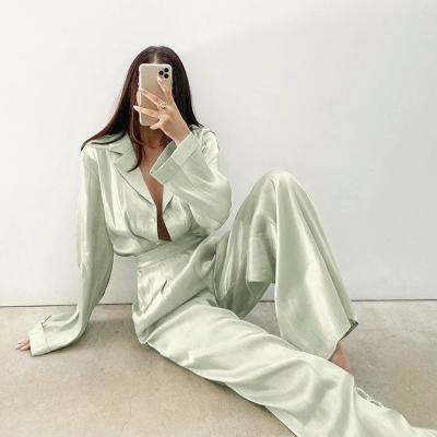 China SE006 Spring Breathable Autumn Solid Loose Two Pieces Set Lapel High Waist Straight Shirt+Elastic Wide Leg Pants With Pockets Suits for sale