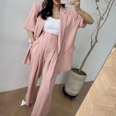 China LN066 Autumn Female Korean Casual QUICK DRY Early Style Short Sleeve Suit Thin + Solid Color High Waist Suit Pants Two Piece Suit for sale