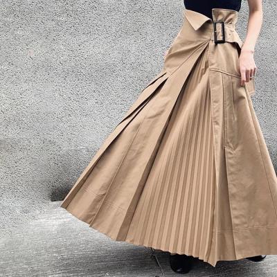 China SK0002 breathable fashion high street solid khaki loose pleated skirt women new partaille asymmetrical ankle-length skirts for sale