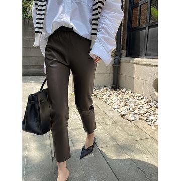 China Anti-wrinkle 0317 new 2022 spring fashionable women's pants leather black elastic waist straight leg pants for sale