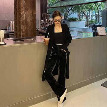 China Anti-Wrinkle 5095 Spring New Arrival Ladies Black Casual Women's PU Leather Pants Reflective Straight Pants for sale