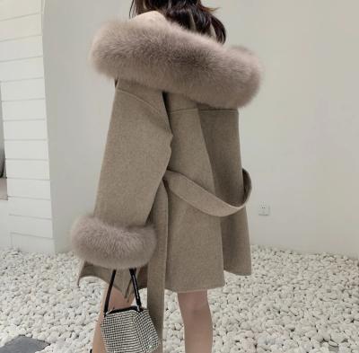 China BY002 2021 BY002 2021 Real Cashmere Blend Coat Women Winter Luxury Oversized Wool Hooded Cardigan Jacket With Real Fox Fur Collar for sale