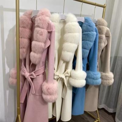 China 2021 Winter Russia Style Fox Fur Collar Natural Wool Belted One X Long Coat Anti-Wrinkle For Women Plus Size Loose Cashmere Blend Cardigan Coats for sale