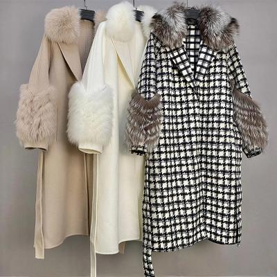 China High Quality Plaid Lapel Long Anti-wrinkle 100% Wool Coat For Women's New Autumn Winter 2021 Plus Size Real Fox Fur Collar Woolen Jacket for sale