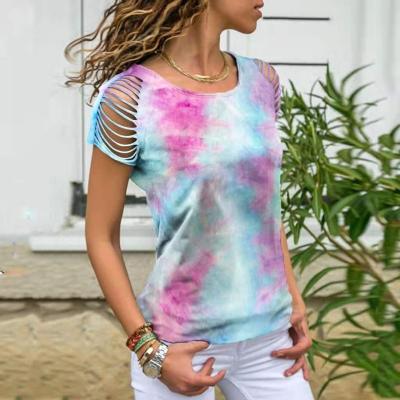 China Anti-Wrinkle Tie Dye Tops For Women Hole Casual O-Neck Cut Out Short Sleeve Plus Size T-Shirt for sale