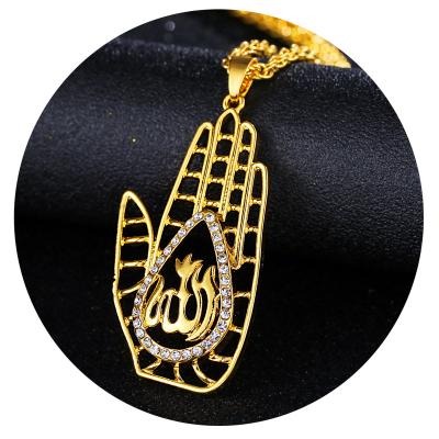 China Islamic Muslim Allah Totem Jewelry Crystal Rhinestone Hand Necklaces Pendants Gold Color Arabic TRENDY For Women Men Gift X1915B for sale